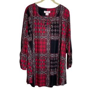 Allison Daley Woman Womens Top 3X Red Black Mixed Print Beaded Keyhole Blouse